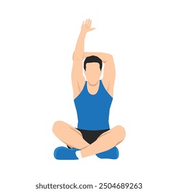 Man doing stretching raised arm. Stretches his arms while sitting in lotus pose. Flat vector illustration isolated on white background