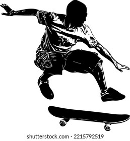 Man Doing Stunt On Skateboard Vector Illustration Silhouette, Sketch Drawing Of Yong Boy On Skateboard, Skateboarding Sports Clipart And Symbol