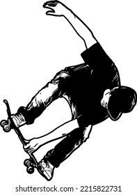 man doing stunt on skateboard vector illustration silhouette, sketch drawing of young boy on skateboard,  Teenager skateboarder jumps ollie on an isolate