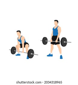 Man doing Sumo Barbell deadlifts exercise. Flat vector illustration isolated on white background