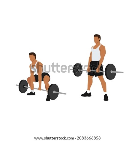 Man doing Sumo Barbell deadlifts exercise. Flat vector illustration isolated on white background