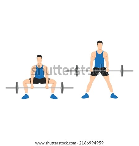 Man doing Sumo Barbell deadlifts exercise. Flat vector illustration isolated on white background