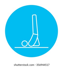 Man doing supported shoulderstand asana line icon for web, mobile and infographics. Vector white icon on the light blue circle isolated on white background.