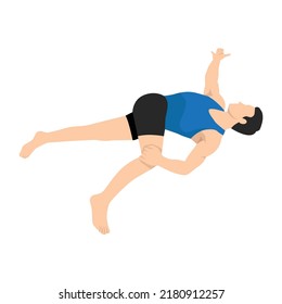 Man doing supta matsyendrasana supine spinal twist pose exercise. Flat vector illustration isolated on white background