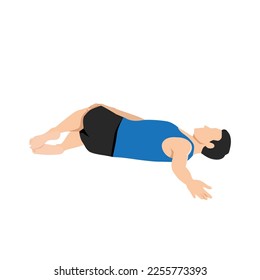 Man doing Supta Matsyendrasana yoga pose, Reclined Spinal Twist pose. Flat vector illustration isolated on white background