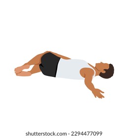 Man doing Supta Matsyendrasana yoga pose, Reclined Spinal Twist pose. Flat vector illustration isolated on white background