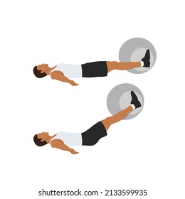 Man doing Swiss ball leg lifts  exercise. body weight lifts flat vector illustration