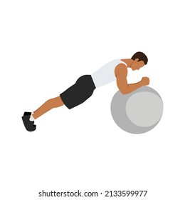 Man doing Swiss ball plank. abdominals exercise flat vector illustration isolated on white background