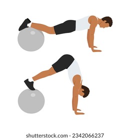 Man doing swiss ball plank to pike push up, core exercise.  Flat vector illustration isolated on white background