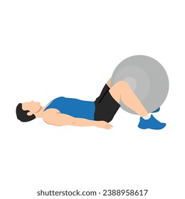 Man doing swiss ball squeezes exercise. Flat vector illustration isolated on white background