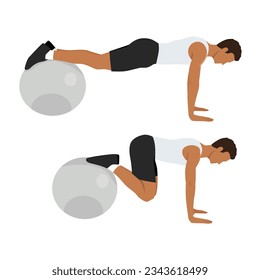 Man doing swiss or stability ball jackknife exercise. Flat vector illustration isolated on white background