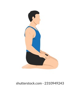 Man doing Thunderbolt Pose, Adamantine Pose, Diamond Pose. Practice Vajrasana. Flat vector illustration isolated on white background