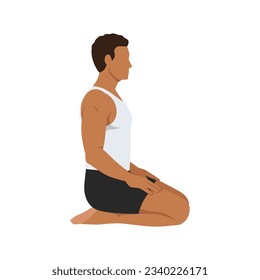 Man doing Thunderbolt Pose, Adamantine Pose, Diamond Pose. Practice Vajrasana. Flat vector illustration isolated on white background