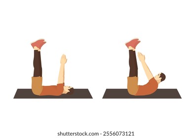 Man doing Toe Touch Stretches Exercise in lying posture on yoga mat. Illustration about warm up and cool down and workout.