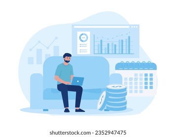 man doing trading on laptop trending concept flat illustration
