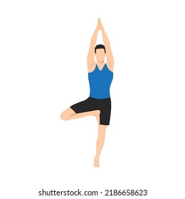 Man doing tree pose vrksasana exercise. Flat vector illustration isolated on white background