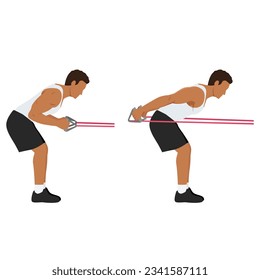 Man doing Tricep kickbacks resistance band exercise. Flat vector illustration isolated on white background