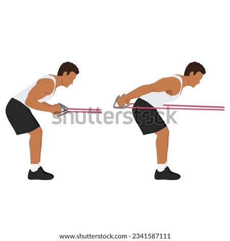 Man doing Tricep kickbacks resistance band exercise. Flat vector illustration isolated on white background