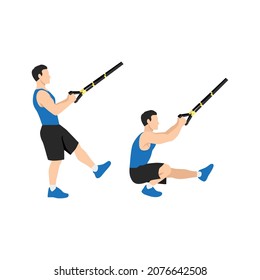 Man doing TRX Pistol. Single leg Squat. extended arm exercise. Flat vector illustration isolated on white background