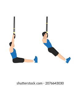 Man doing TRX pull ups exercise. Flat vector illustration isolated on white background