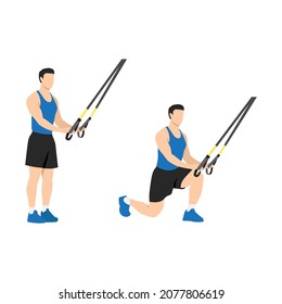 Man doing TRX Reverse lunges exercise. Flat vector illustration isolated on white background