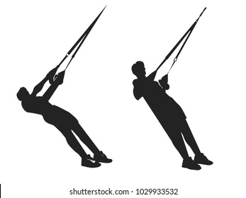 Man is doing TRX Row exercise with a rope isolated on white. Vector silhouette illustration.