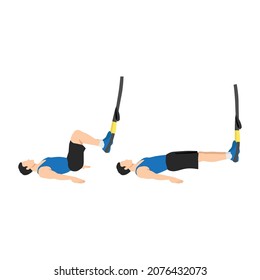 Man doing TRX Suspension strap hamstring. Leg curls exercise. Flat vector illustration isolated on white background