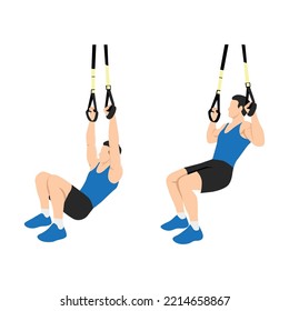 Man doing TRX Suspension strap rows or suspension trainer lat pull up exercise. Flat vector illustration isolated on white background