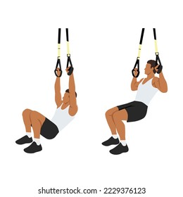 Man doing TRX Suspension strap rows or suspension trainer lat pull up exercise. Flat vector illustration isolated on white background