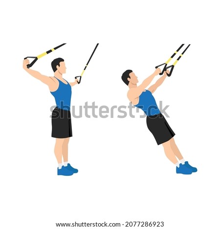 Man doing TRX Suspension strap T Flyes exercise. Flat vector illustration isolated on white background