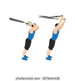 Man doing TRX Suspension straps triceps extensions flat vector illustration isolated on white background