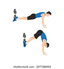 Man doing TRX Suspension straps saw pikes exercise. Flat vector illustration isolated on white background