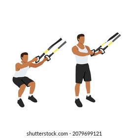 Man doing TRX Suspension straps squats exercise. Flat vector illustration isolated on white background
