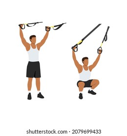 Man doing TRX Suspension straps overhead squats exercise. Flat vector illustration isolated on white background