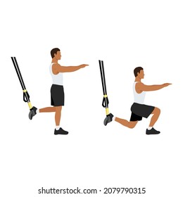 Man doing TRX Suspension straps suspended lunges exercise. Flat vector illustration isolated on white background