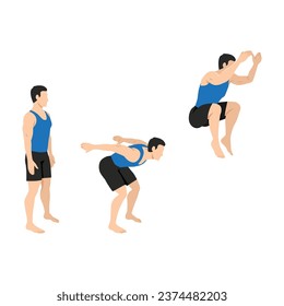 Man doing tuck jump cardio exercise. Flat vector illustration isolated on white background