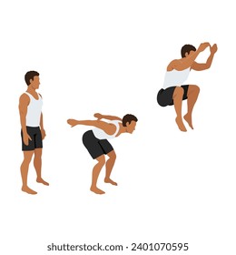 Man doing tuck jump cardio exercise. Flat vector illustration isolated on white background