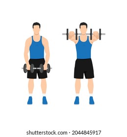 Man doing Two arm dumbbell front shoulder raises exercise. Flat vector illustration isolated on white background