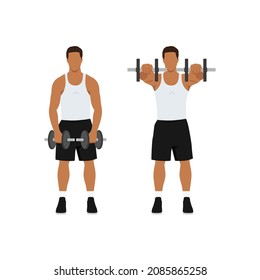 Man doing Two arm dumbbell front shoulder raises exercise. Flat vector illustration isolated on white background