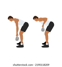 Man Doing Two Arm Kettlebell Row Exercise. Flat Vector Illustration Isolated On White Background. Workout Character Set