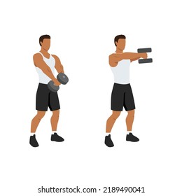 Man doing Two handed dumbbell front raise exercise. Flat vector illustration isolated on white background