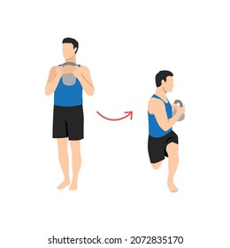 Man doing Upperbody rotation in lunge with kettlebell exercise. Flat vector illustration isolated on white background. workout character set