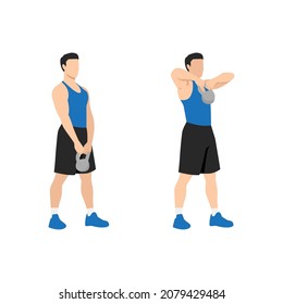 Man doing Upright kettlebell front rows exercise. Flat vector illustration isolated on white background. workout character set