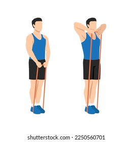 Man doing Upright Row Home Workout Exercise with Thin Resistance Band. Flat vector illustration isolated on white background