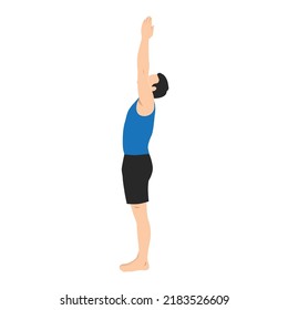 Man doing urdhva namaskarasana yoga pose. Standing with upavishtha konasana exercise. Flat vector illustration isolated on white background