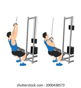 Man doing V BAR.Triangle bar lat pulldowns.Pull downs. pullover exercise. Flat vector illustration isolated on white background