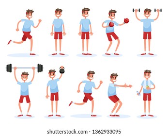 Man doing various sport exercise set. Training in the gym, fitness activity. Muscle building concept. Vector illustration in cartoon style