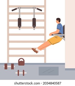 Man Doing Vertical Crunches For Abs On Hanging Leg Raises Machine. Person Training Abdominal Muscles On Roman Chair Workout Frame In Gym. Guy Working Out On Workstation. Flat Vector Illustration