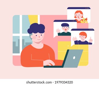 Man doing video call with colleague or students on laptop. Flat style illustration of home schooling or working from home.