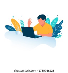 A Man Doing Video Conference With Laptop. Vector illustration for Video conferencing, online meeting and technology concept. Teleconference for work from home and self quarantine. 